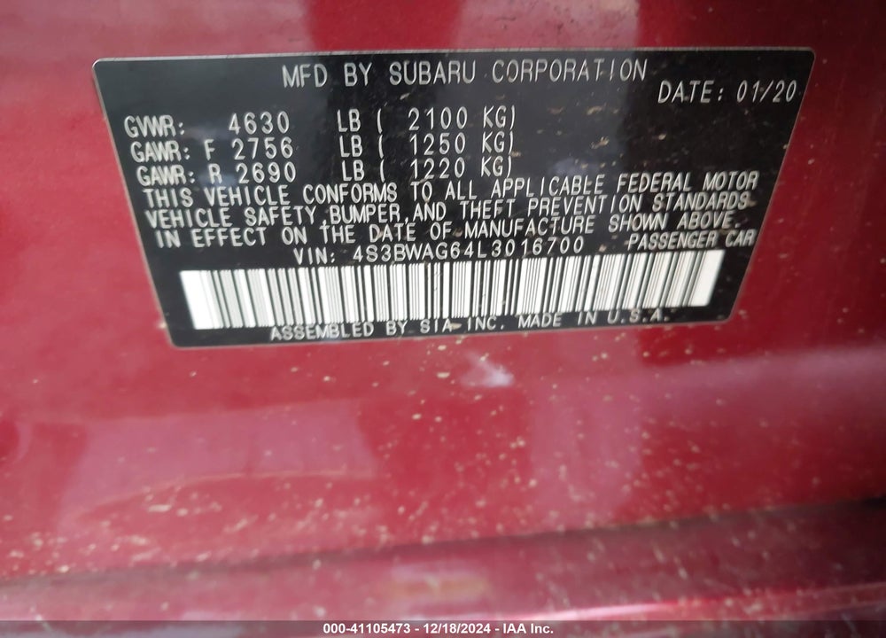 2020 SUBARU LEGACY SPORT VIN: 4S3BWAG64L3016700
