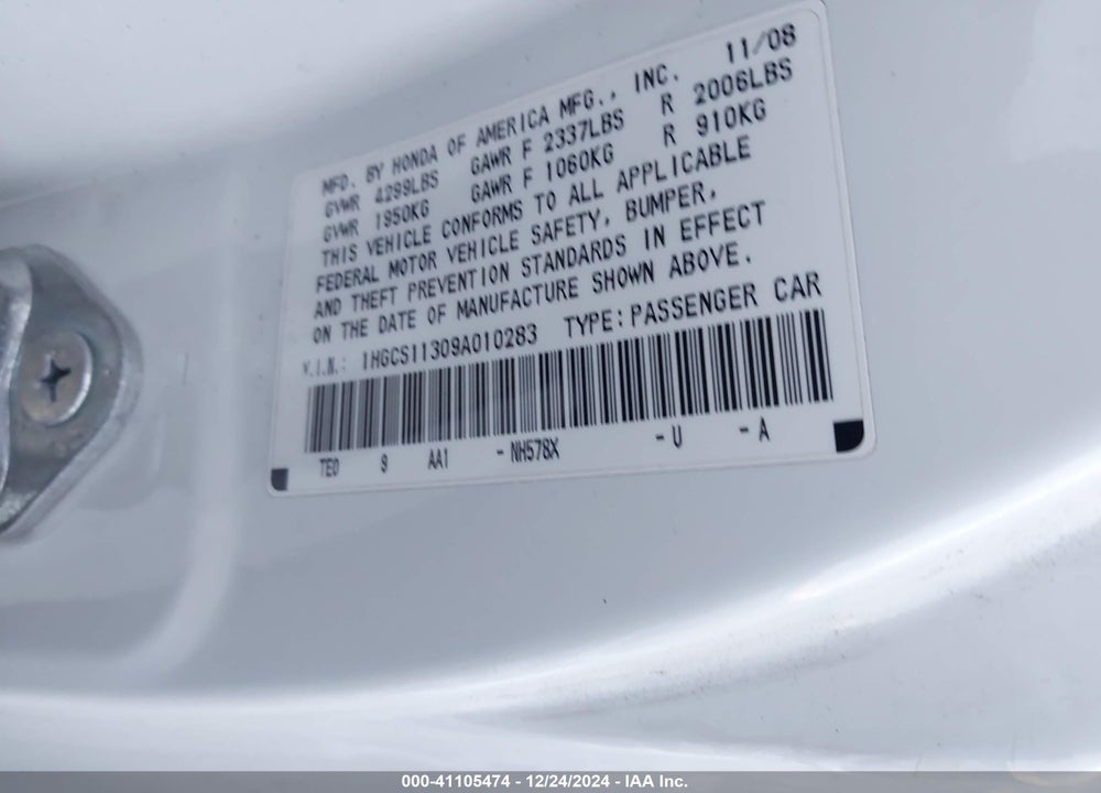 2009 HONDA ACCORD VIN: 1HGCS11309A010283