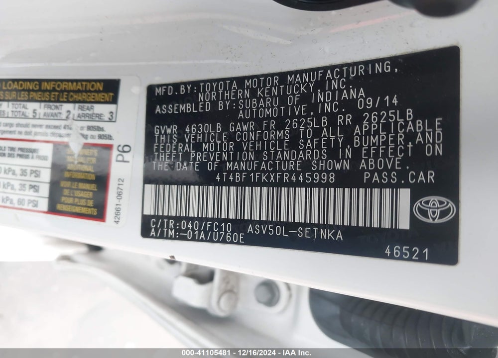 2015 TOYOTA CAMRY LE VIN: 4T4BF1FKXFR445998