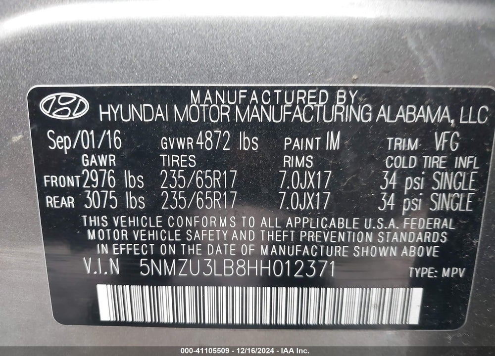 2017 HYUNDAI SANTA FE SPORT 2.4L VIN: 5NMZU3LB8HH012371