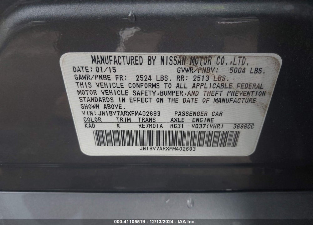2015 INFINITI Q50 SPORT VIN: JN1BV7ARXFM402693
