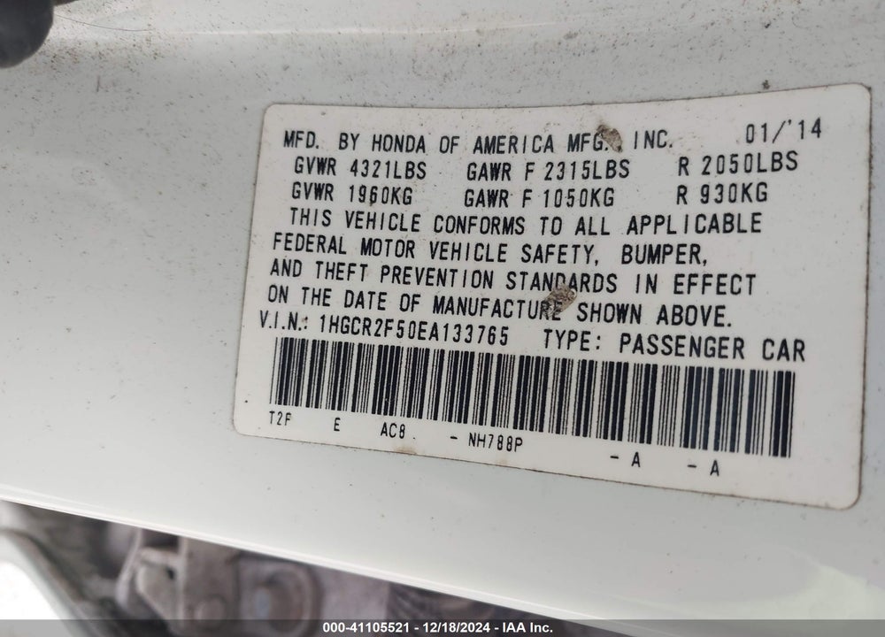 2014 HONDA ACCORD SPORT VIN: 1HGCR2F50EA133765