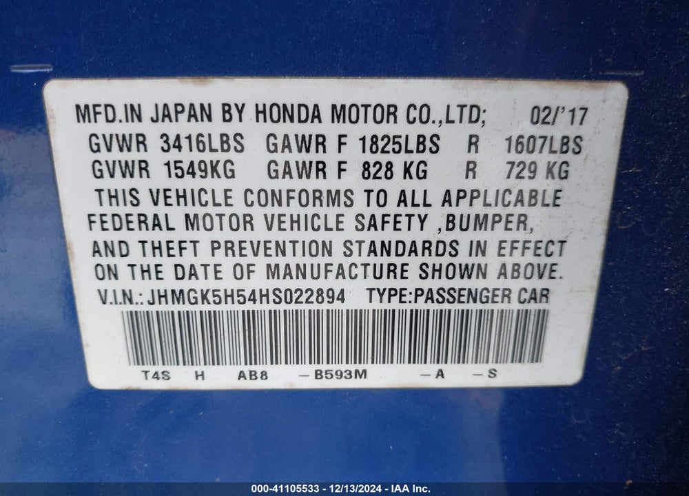2017 HONDA FIT LX VIN: JHMGK5H54HS022894