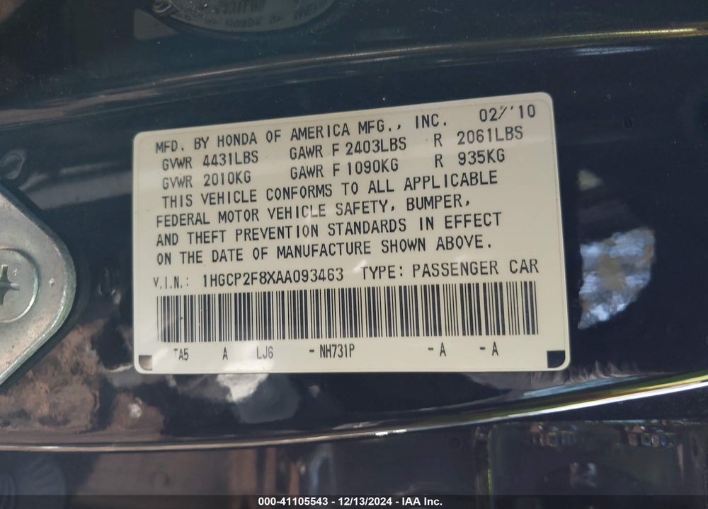 2010 HONDA ACCORD 2.4 EX-L VIN: 1HGCP2F8XAA093463