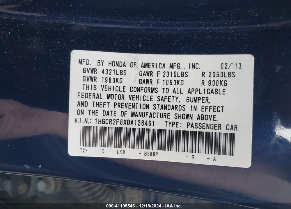 2013 HONDA ACCORD EX-L VIN: 1HGCR2F8XDA126461