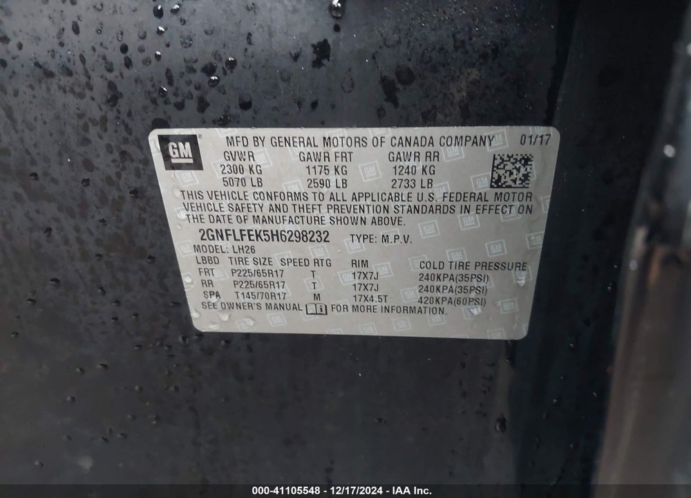 2017 CHEVROLET EQUINOX LT VIN: 2GNFLFEK5H6298232