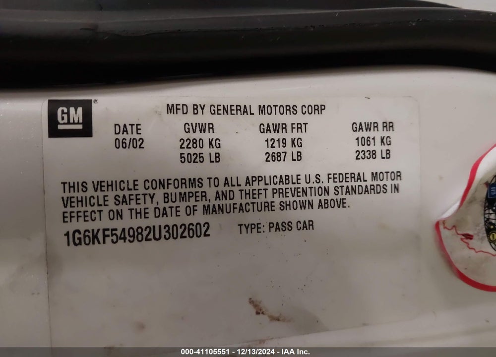 2002 CADILLAC DEVILLE DTS VIN: 1G6KF54982U302602