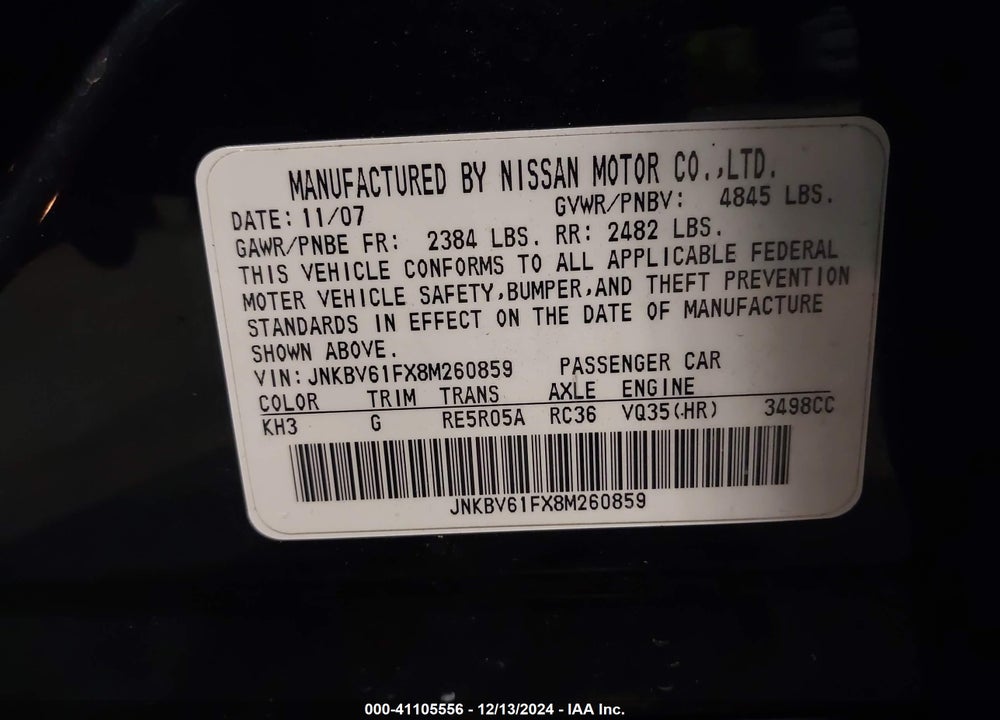 2008 INFINITI G35X VIN: JNKBV61FX8M260859