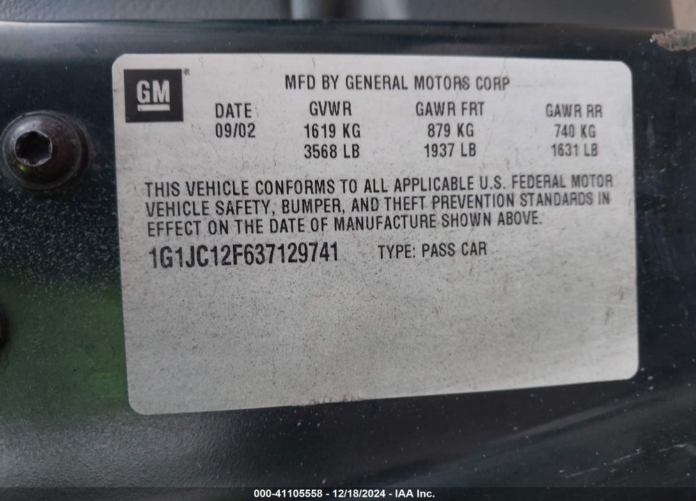 2003 CHEVROLET CAVALIER VIN: 1G1JC12F637129741