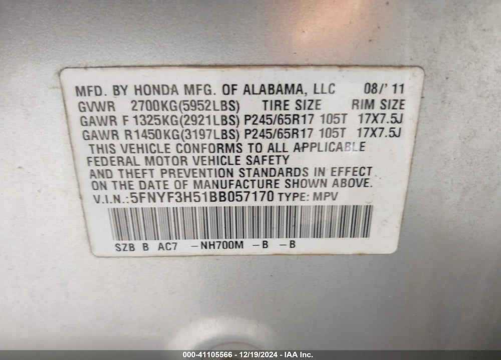 2011 HONDA PILOT EX-L VIN: 5FNYF3H51BB057170