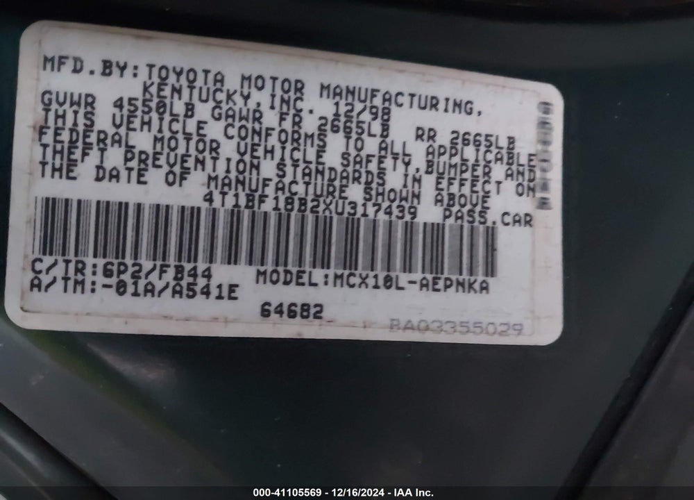 1999 TOYOTA AVALON XL VIN: 4T1BF18B2XU317439