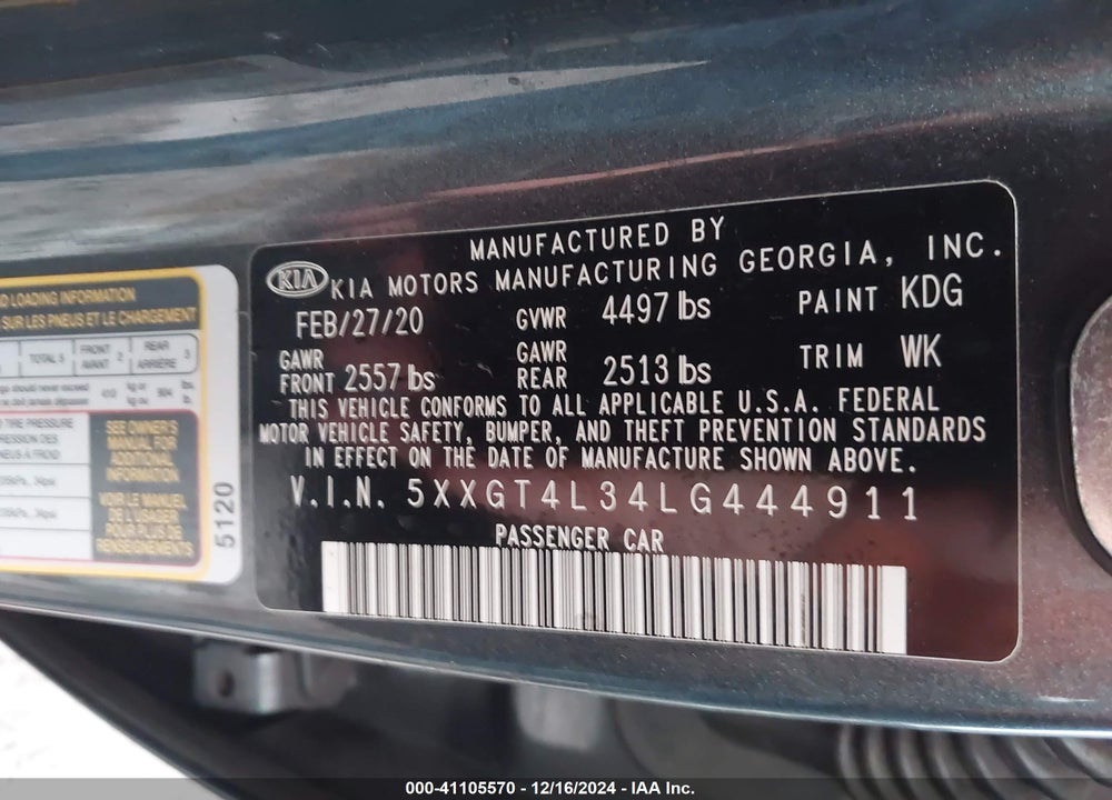 2020 KIA OPTIMA VIN: 5XXGT4L34LG444911