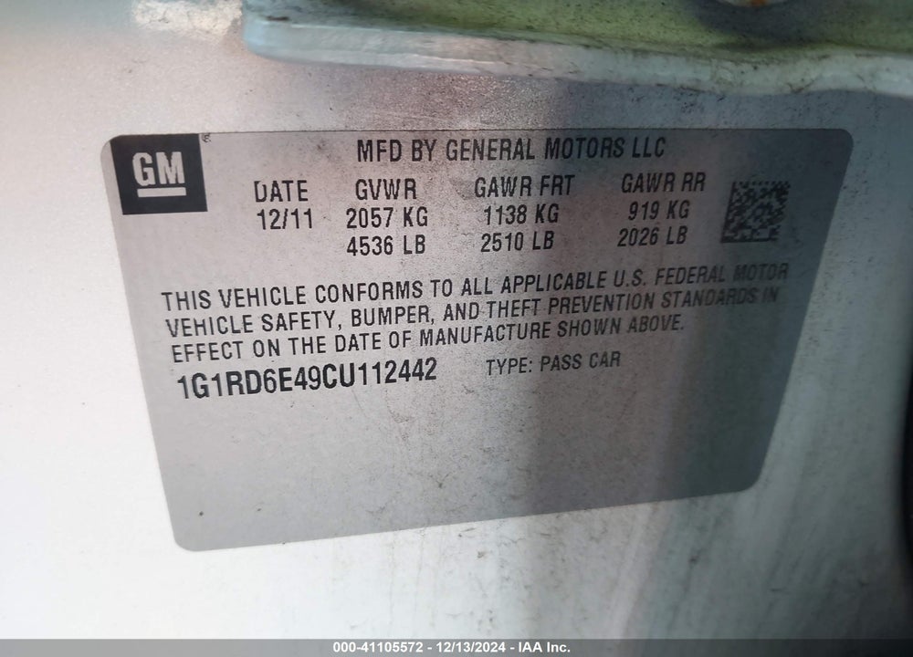 2012 CHEVROLET VOLT VIN: 1G1RD6E49CU112442