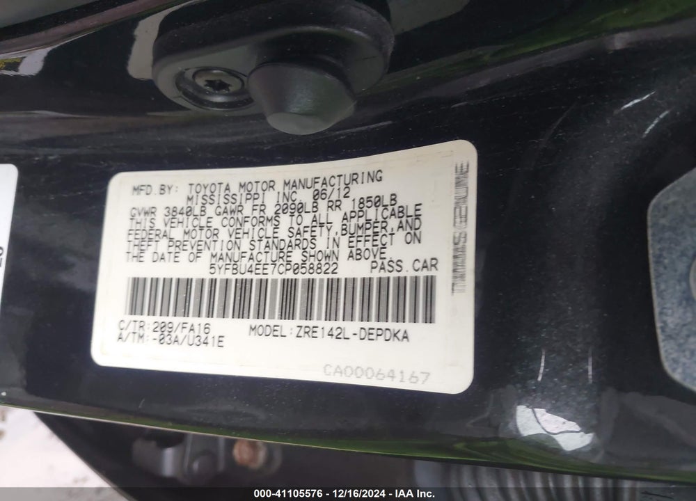 2012 TOYOTA COROLLA L VIN: 5YFBU4EE7CP058822