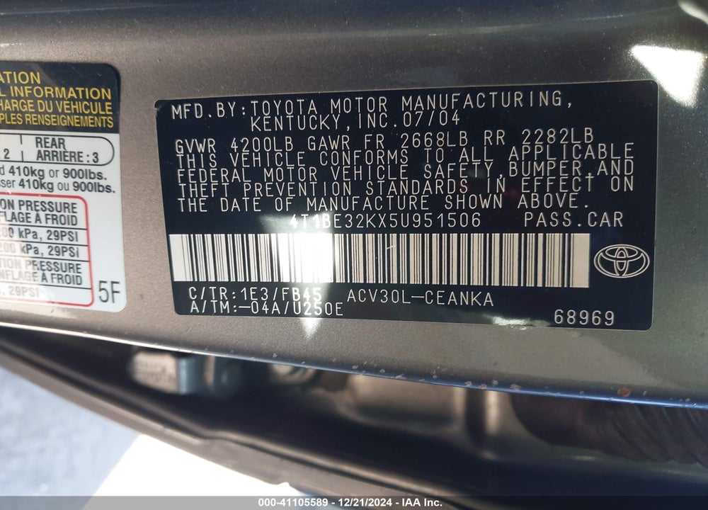 2005 TOYOTA CAMRY LE VIN: 4T1BE32KX5U951506