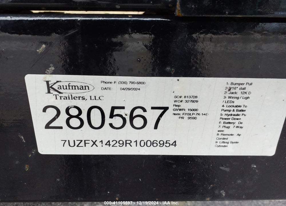 2024 KAUFMAN TRAILERS FXSLP-7K-14D VIN: 7UZFX1429R1006954
