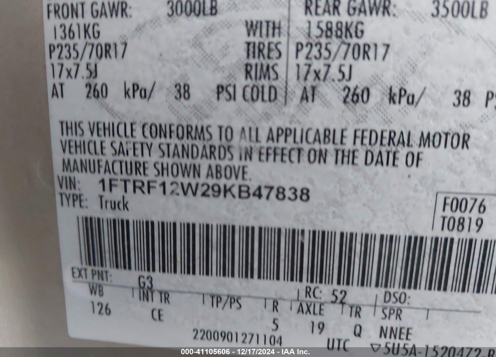 2009 FORD F-150 XL VIN: 1FTRF12W29KB47838