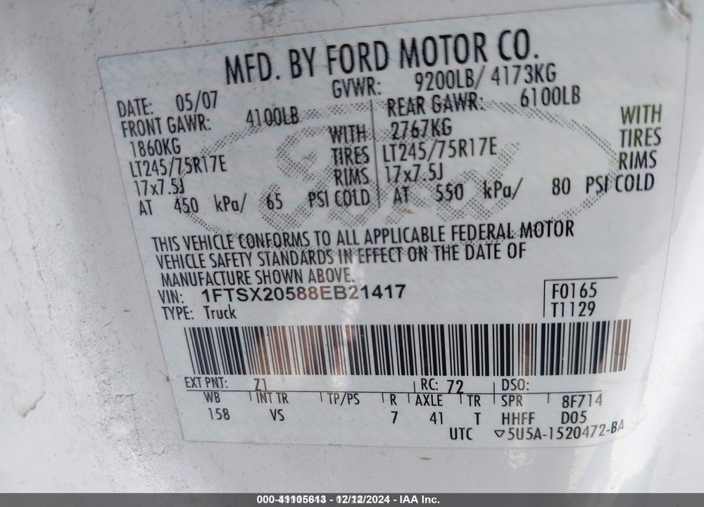 2008 FORD F-250 LARIAT/XL/XLT VIN: 1FTSX20588EB21417