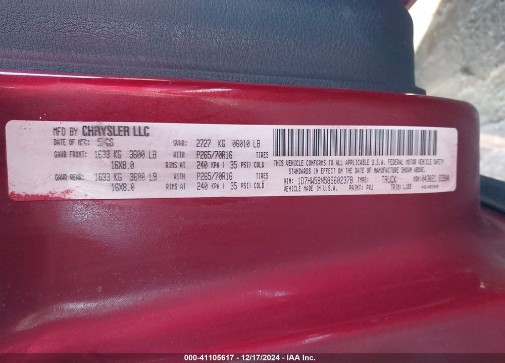 2008 DODGE DAKOTA VIN: 1D7HW58N58S602378