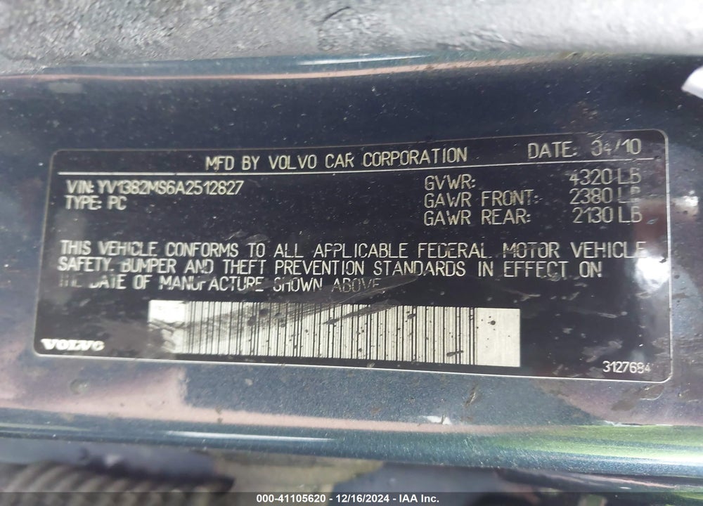 2010 VOLVO S40 2.4I VIN: YV1382MS6A2512827