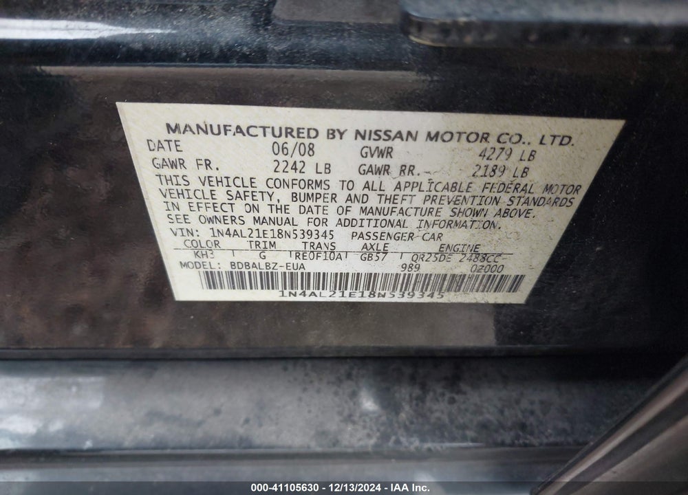 2008 NISSAN ALTIMA 2.5 S VIN: 1N4AL21E18N539345