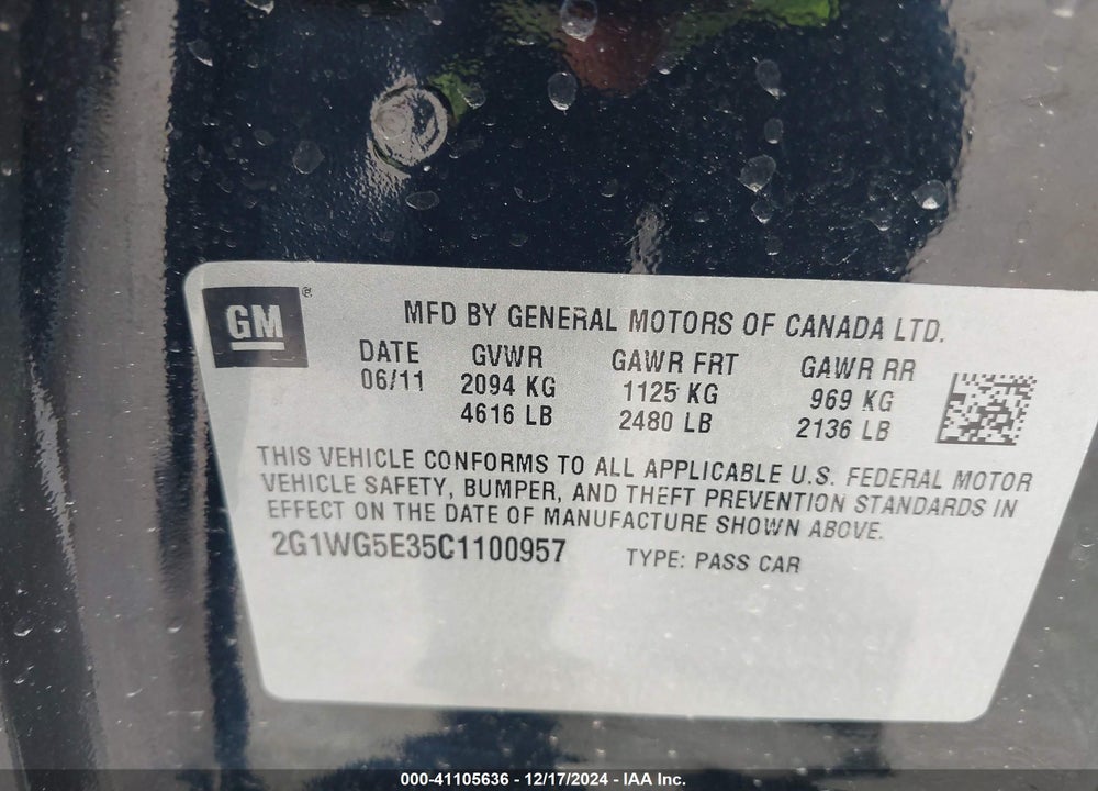 2012 CHEVROLET IMPALA VIN: 2G1WG5E35C1100957