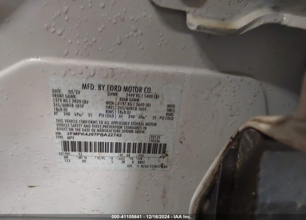 2023 FORD EDGE SEL VIN: 2FMPK4J97PBA22742