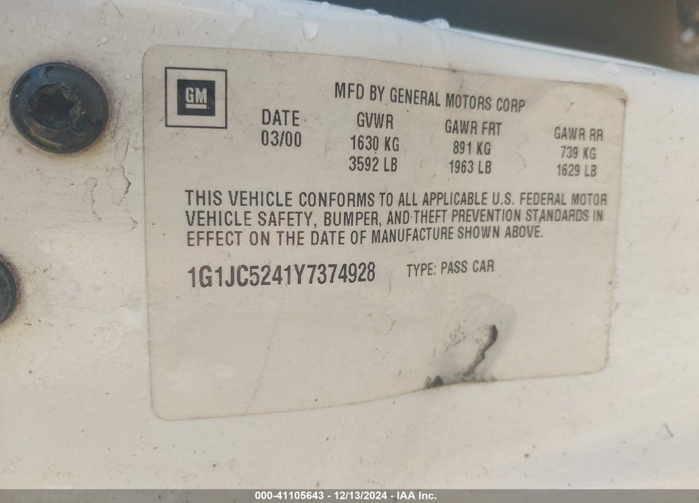 2000 CHEVROLET CAVALIER VIN: 1G1JC5241Y7374928