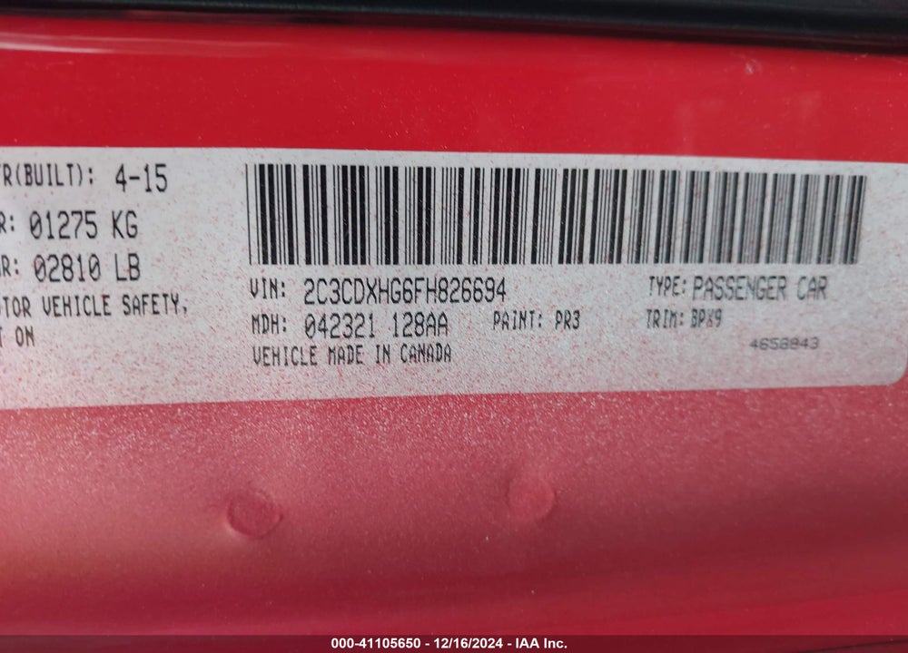 2015 DODGE CHARGER SXT VIN: 2C3CDXHG6FH826694