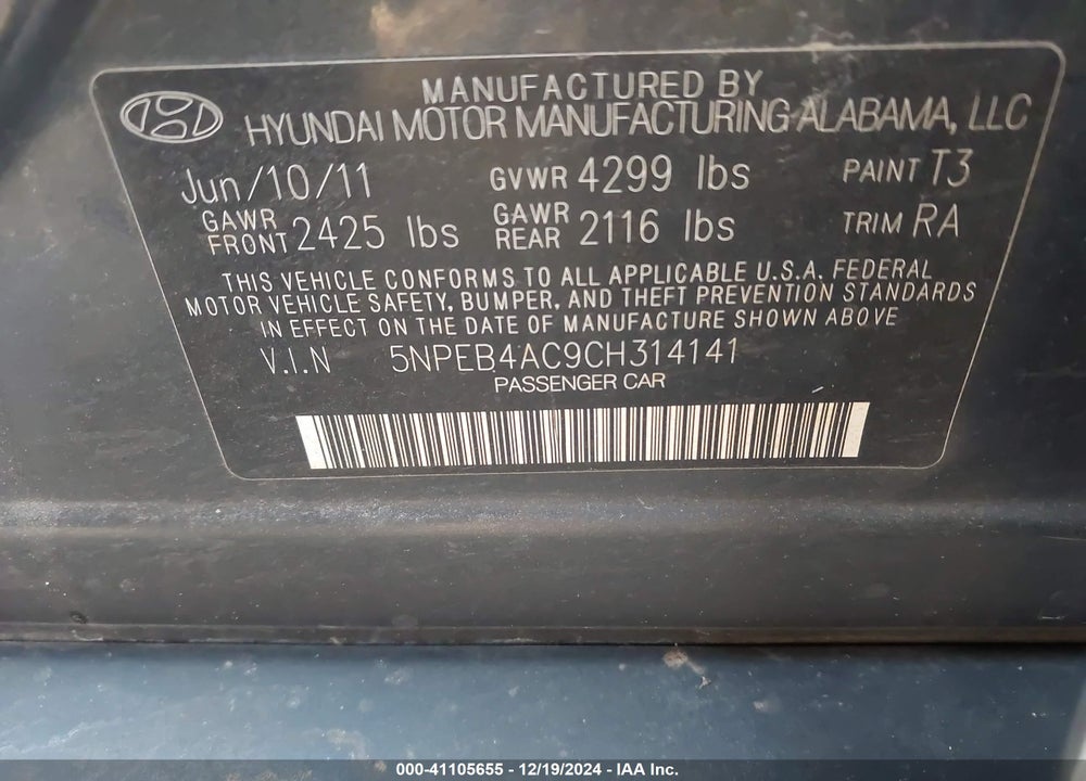 2012 HYUNDAI SONATA GLS VIN: 5NPEB4AC9CH314141