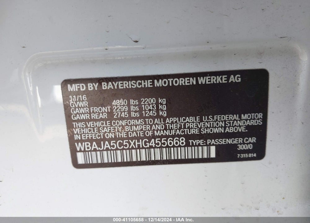 2017 BMW 530I VIN: WBAJA5C5XHG455668