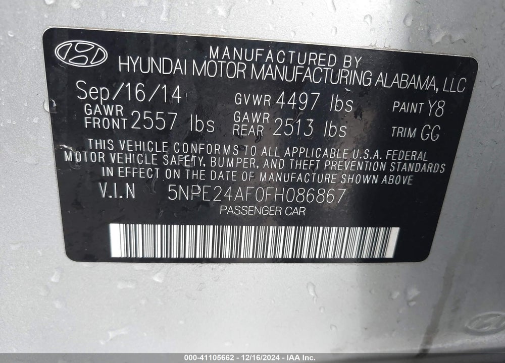 2015 HYUNDAI SONATA SE VIN: 5NPE24AF0FH086867
