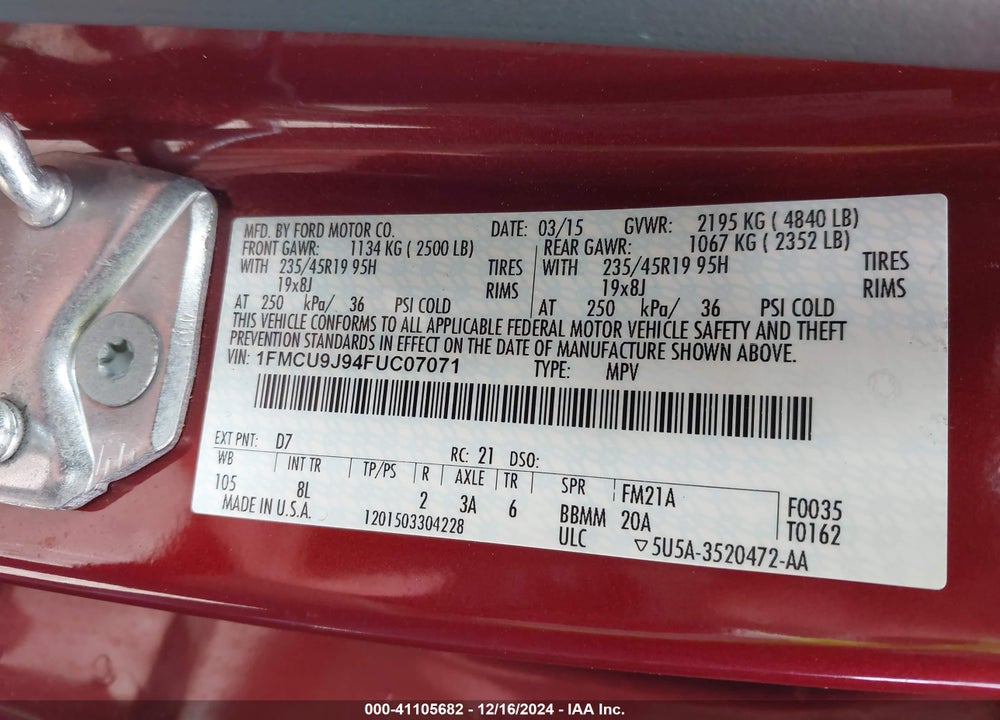 2015 FORD ESCAPE TITANIUM VIN: 1FMCU9J94FUC07071