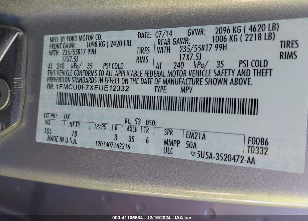 2014 FORD ESCAPE S VIN: 1FMCU0F7XEUE12332