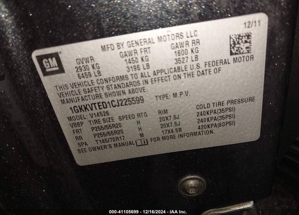 2012 GMC ACADIA DENALI VIN: 1GKKVTED1CJ225599