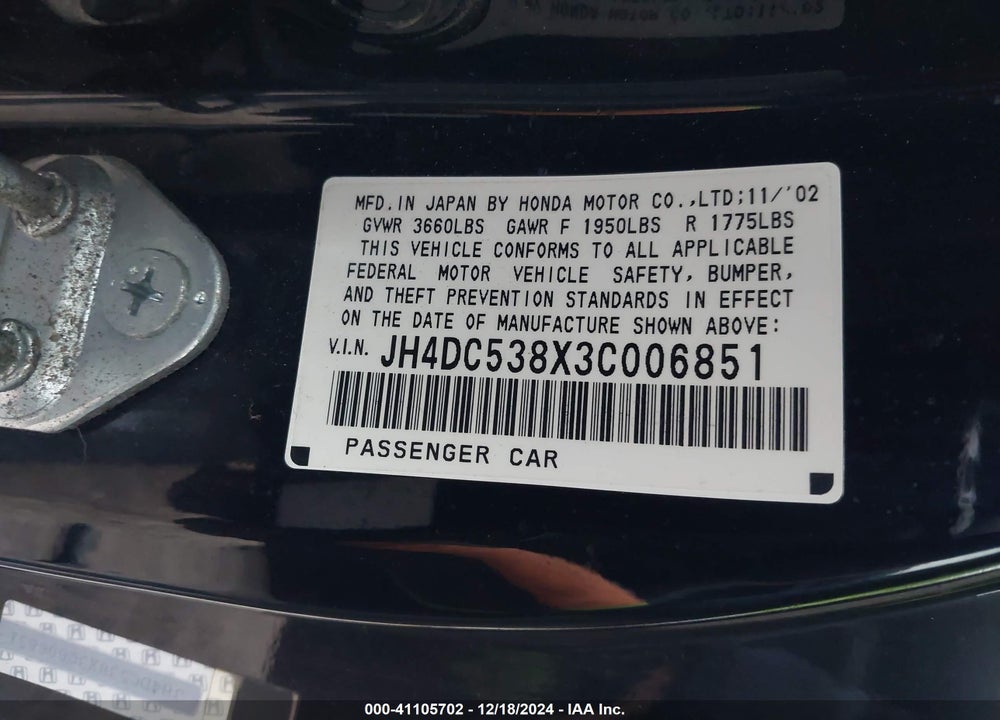 2003 ACURA RSX VIN: JH4DC538X3C006851