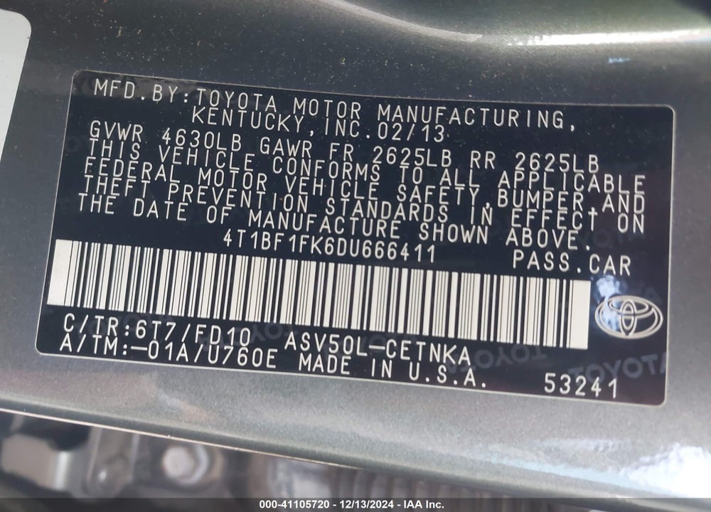 2013 TOYOTA CAMRY VIN: 4T1BF1FK6DU666411