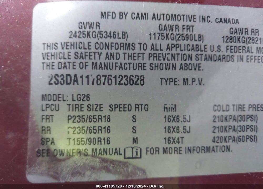 2007 SUZUKI XL7 VIN: 2S3DA117876123628