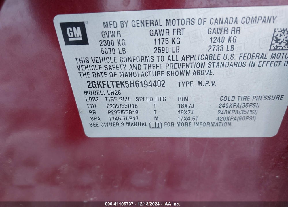 2017 GMC TERRAIN SLE-2 VIN: 2GKFLTEK5H6194402