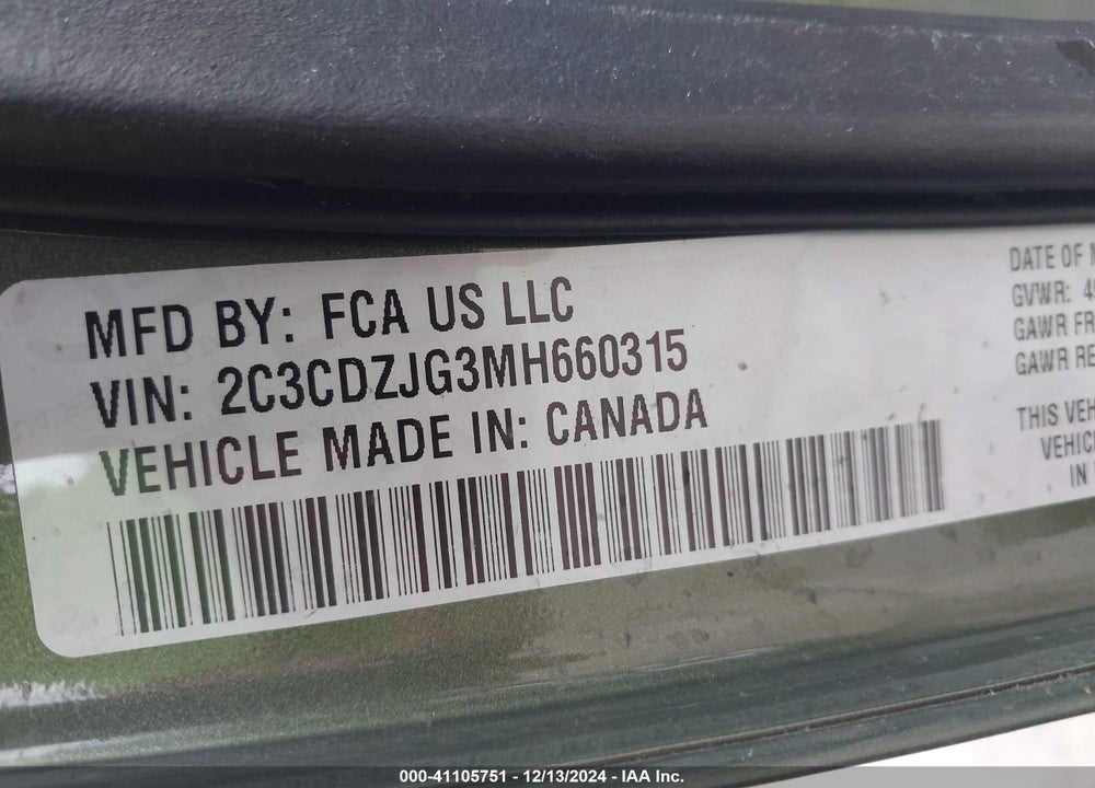 2021 DODGE CHALLENGER VIN: 2C3CDZJG3MH660315