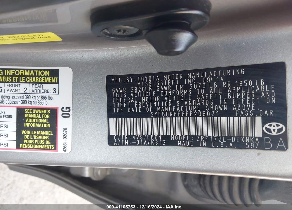 2015 TOYOTA COROLLA LE PLUS VIN: 5YFBURHE6FP206021