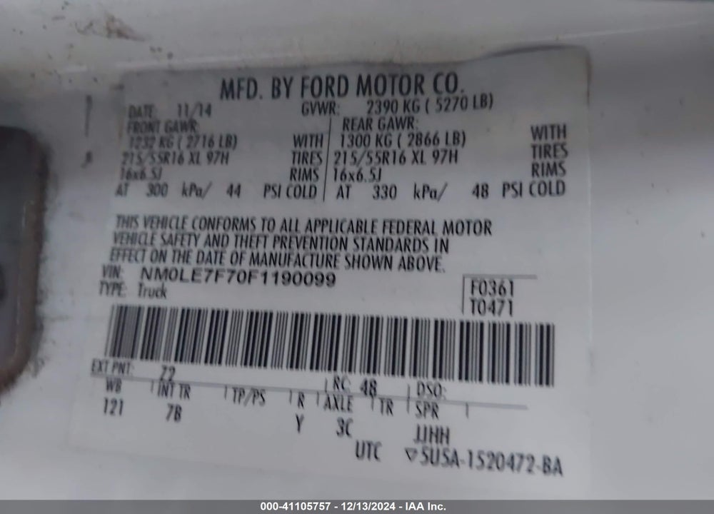 2015 FORD TRANSIT CONNECT XLT VIN: NM0LE7F70F1190099