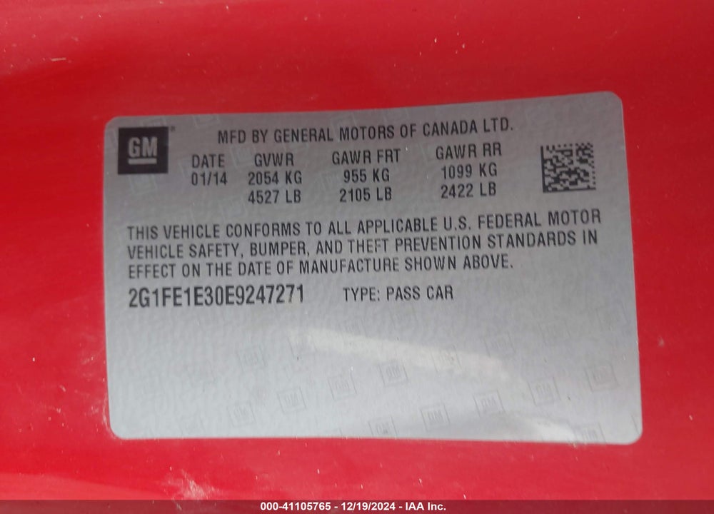 2014 CHEVROLET CAMARO 1LS VIN: 2G1FE1E30E9247271