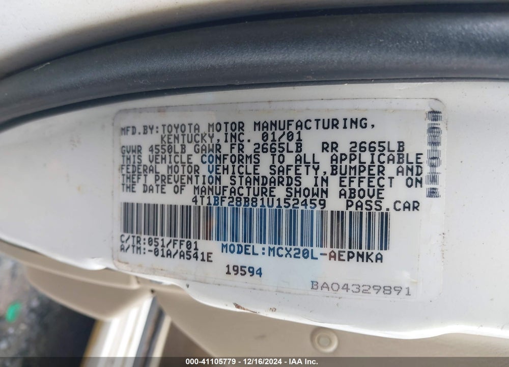 2001 TOYOTA AVALON XL VIN: 4T1BF28B81U152459
