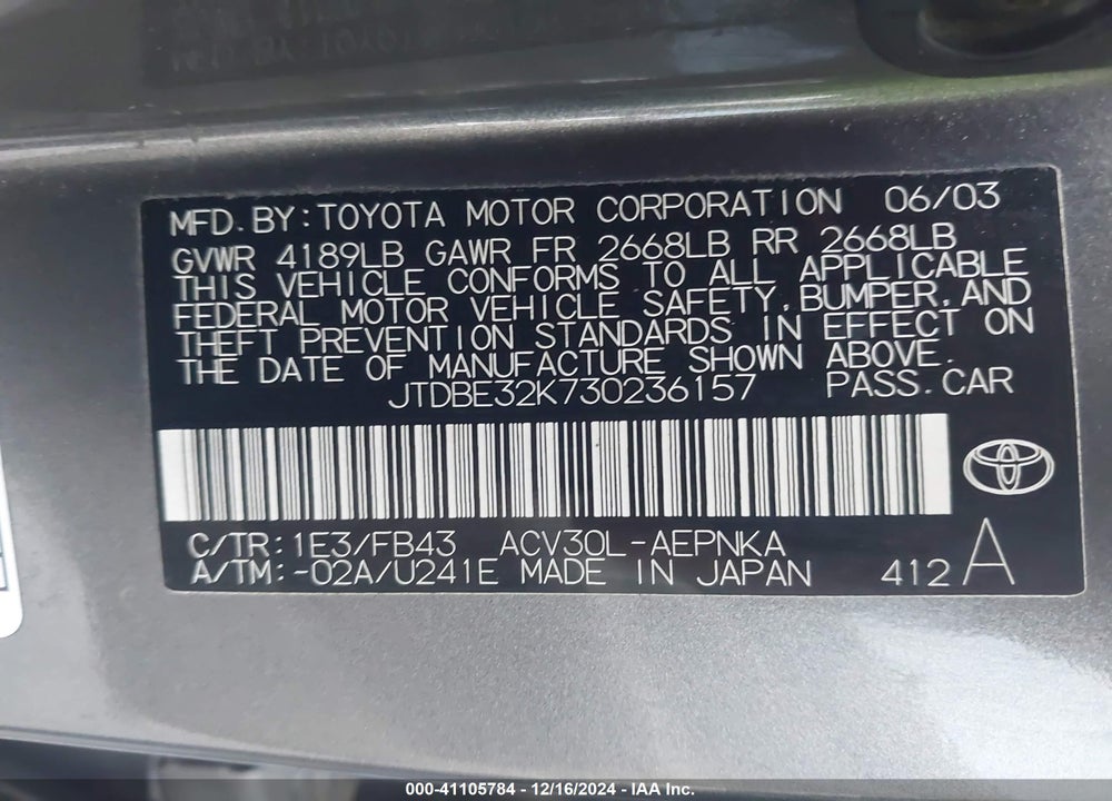 2003 TOYOTA CAMRY LE VIN: JTDBE32K730236157
