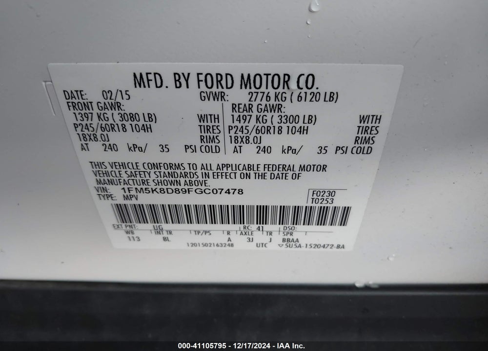 2015 FORD EXPLORER XLT VIN: 1FM5K8D89FGC07478