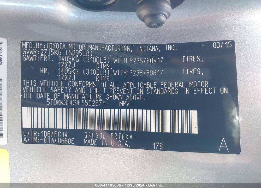 2015 TOYOTA SIENNA LE 8 PASSENGER VIN: 5TDKK3DC9FS592674