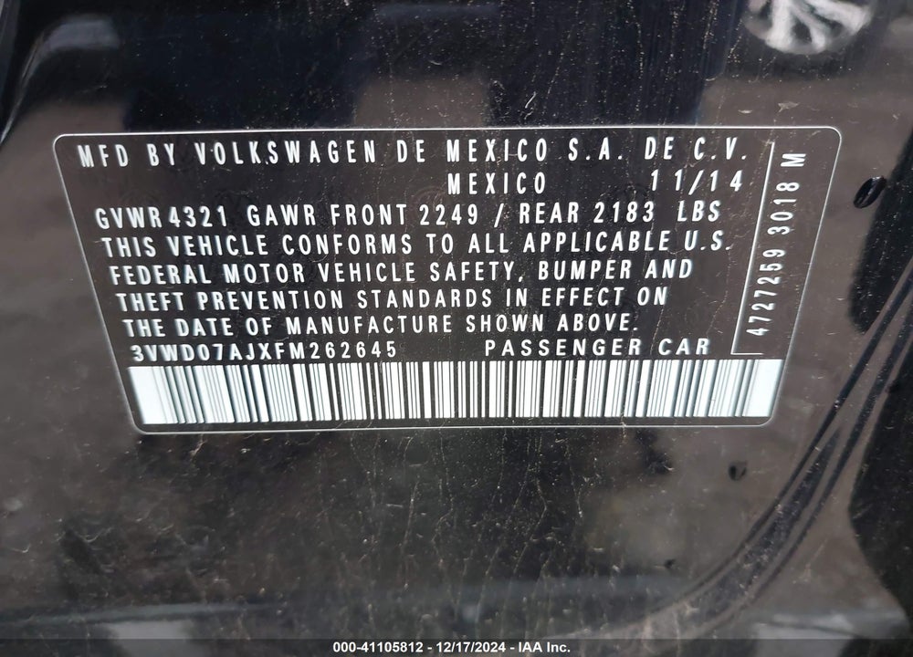 2015 VOLKSWAGEN JETTA 1.8T SE VIN: 3VWD07AJXFM262645