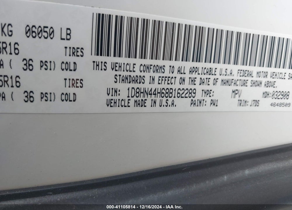 2008 DODGE GRAND CARAVAN SE VIN: 1D8HN44H68B162289