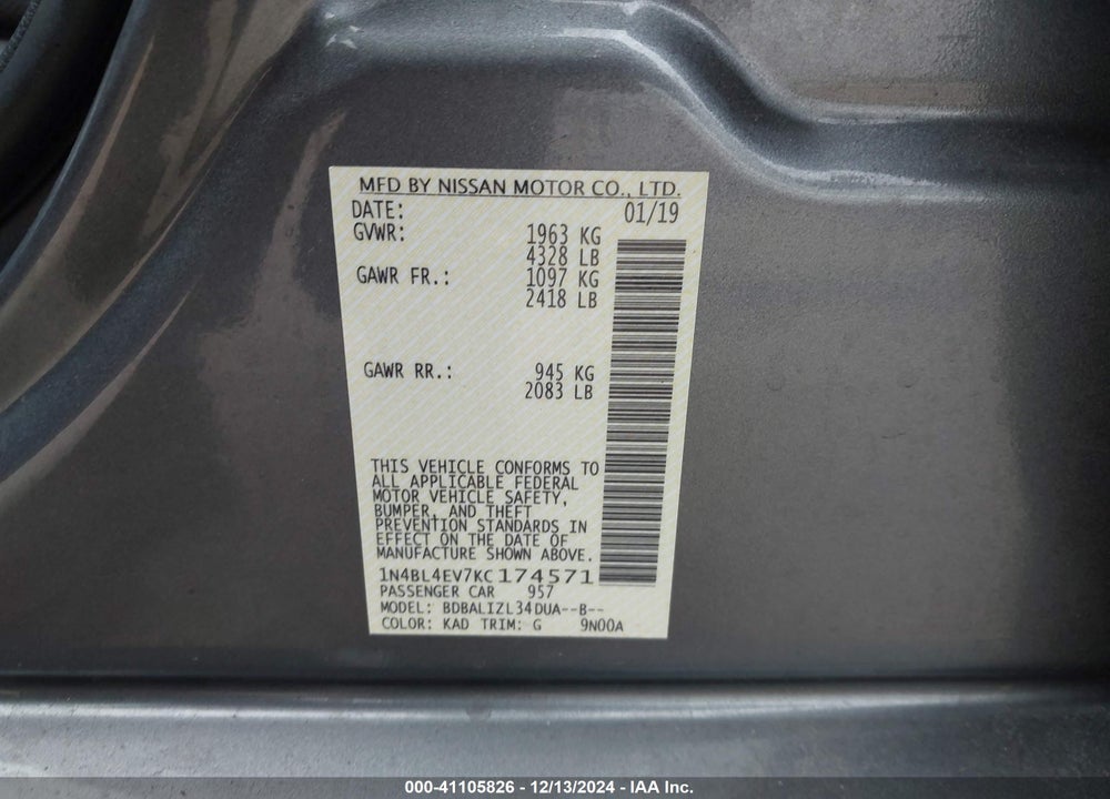2019 NISSAN ALTIMA VIN: 1N4BL4EV7KC174571